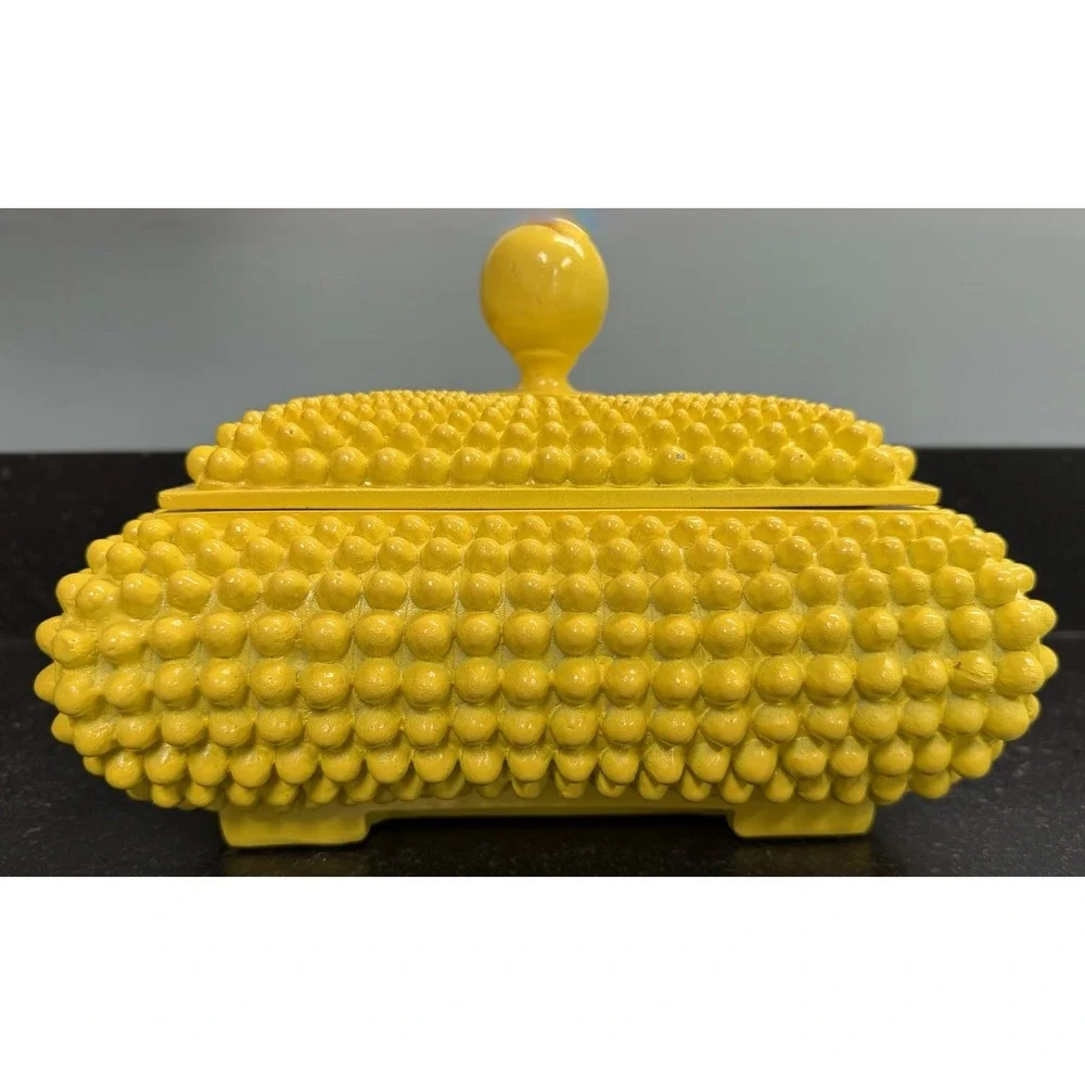 Vintage Yellow Hobnail Lidded Box Hollywood Regency Beaded Trinket Decor 10